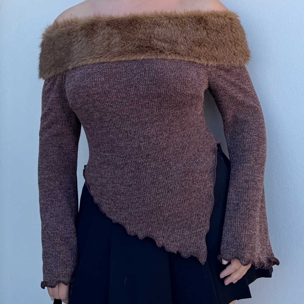 Elegant Off-Shoulder Brown Sweater